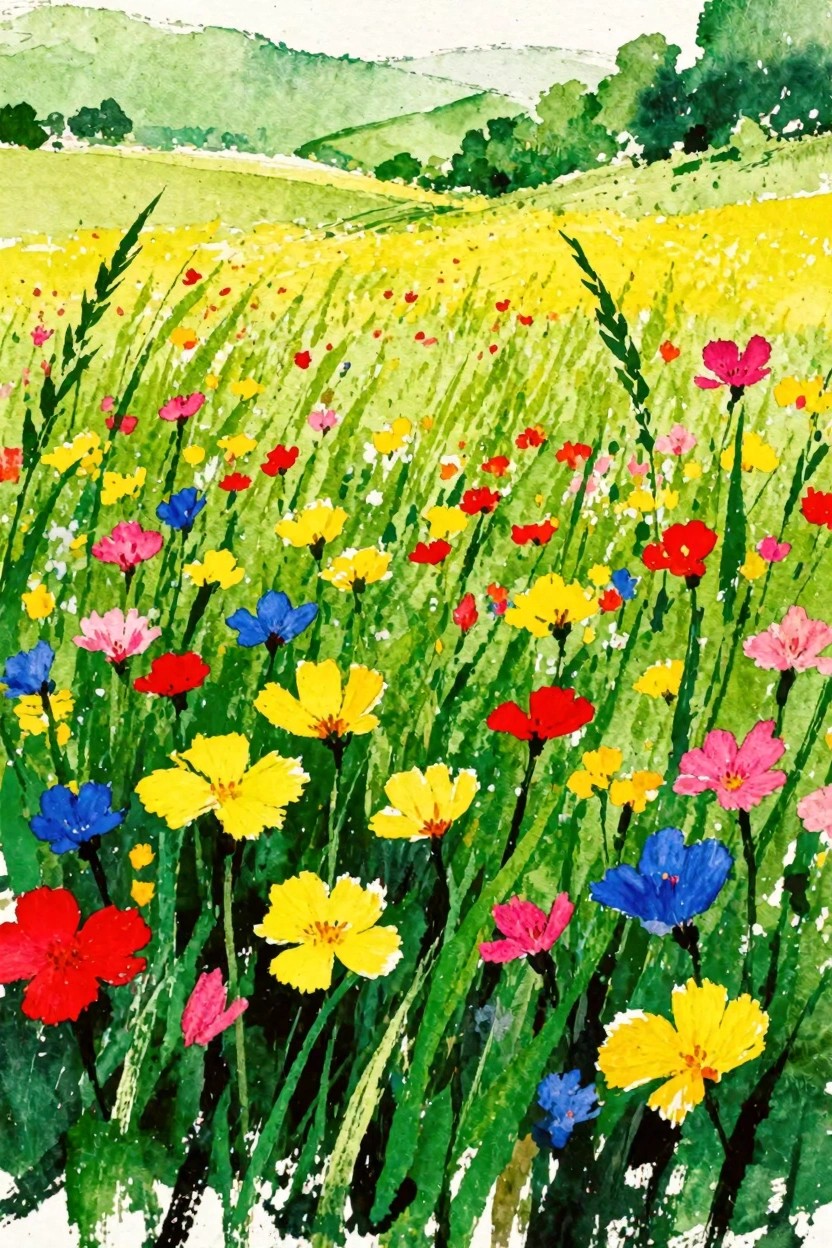 Vibrant watercolor meadow of colorful wildflowers with green hills beyond