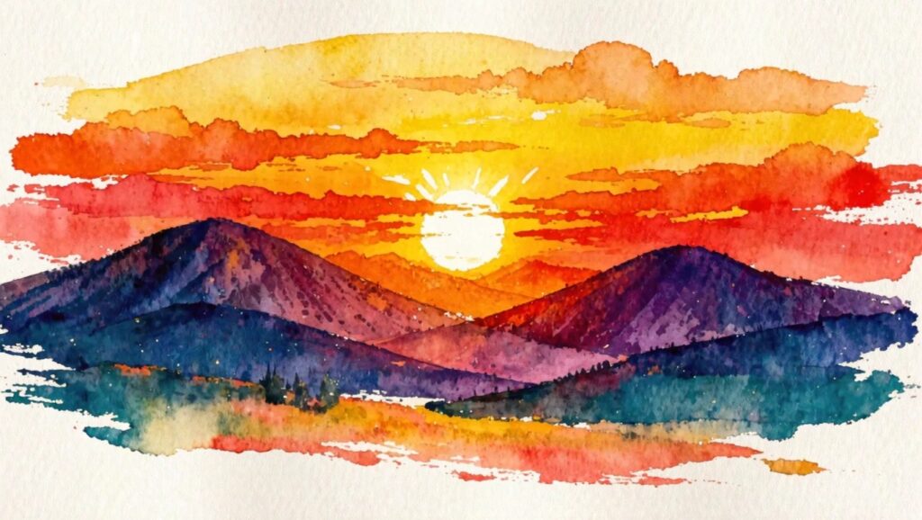18 Simple Landscape Painting Ideas Without Complicated Perspective Watercolor sunset with glowing sun amid vibrant orange and pink clouds over dark mountains.