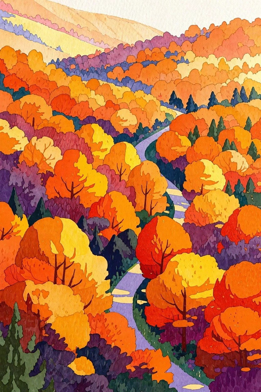 Vibrant autumn forest with colorful trees and winding path through hills