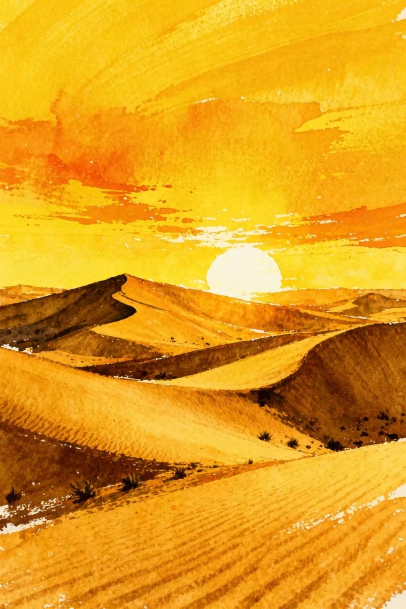Watercolor desert landscape of rolling dunes beneath a glowing orange sunset.