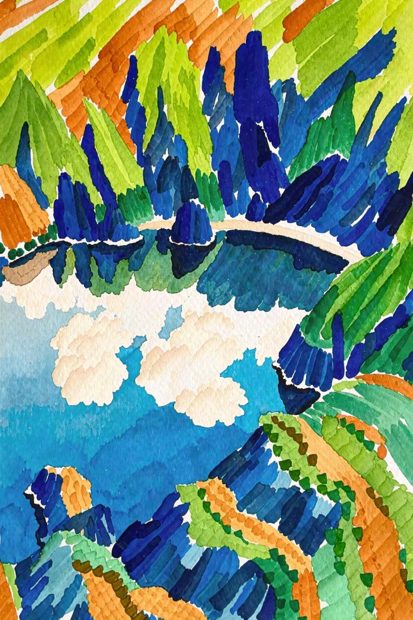 Vibrant watercolor landscape of mountains, trees, winding path, and clouds in blues and greens.