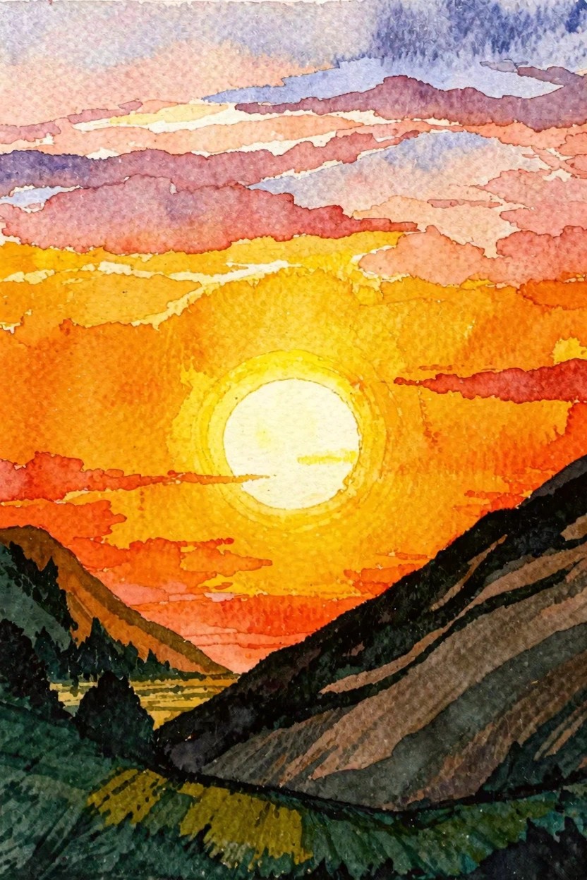 Watercolor sunset with glowing sun amid vibrant orange and pink clouds over dark mountains.