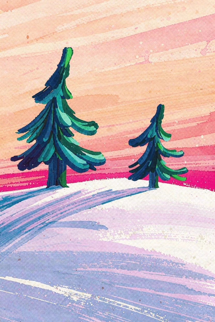 Two pine trees stand in snowy landscape under vibrant pink-orange watercolor sky