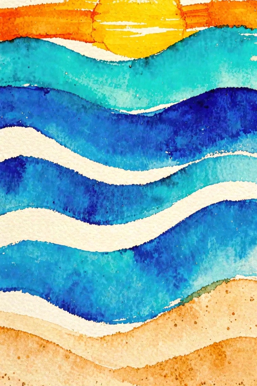 Vibrant watercolor of layered blue waves beneath a yellow sun, with sandy beach.