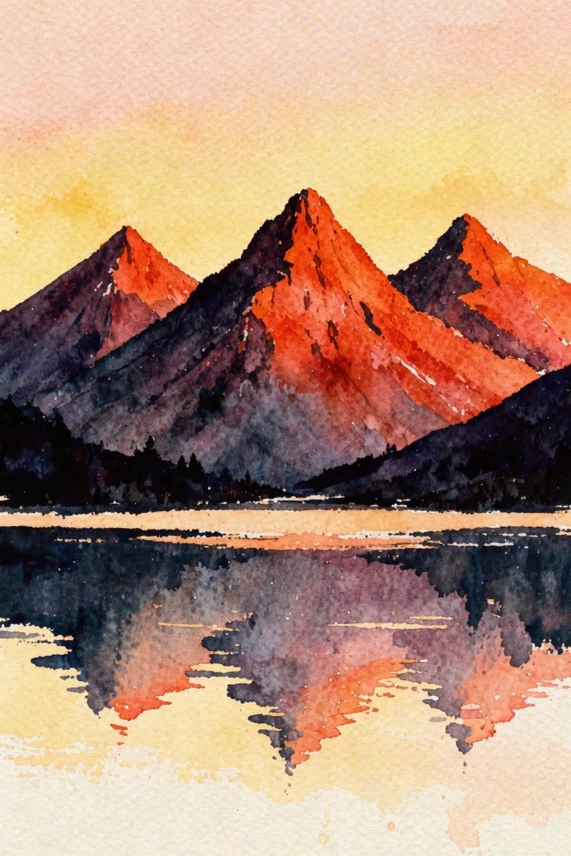 A watercolor painting of three jagged mountains in red and dark purple tones reflected in a calm body of water beneath a yellow and pink sky.