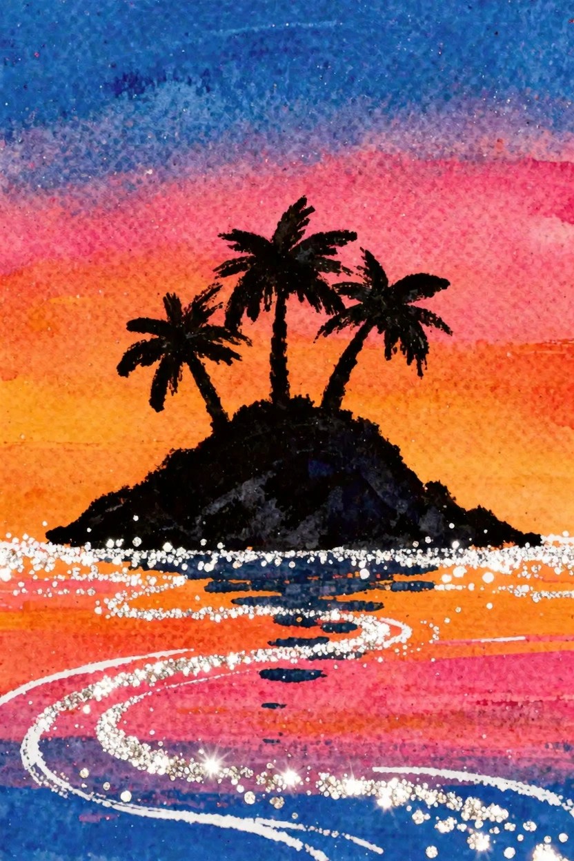 Watercolor sunset with silhouetted palm trees on island amid sparkling ocean waves