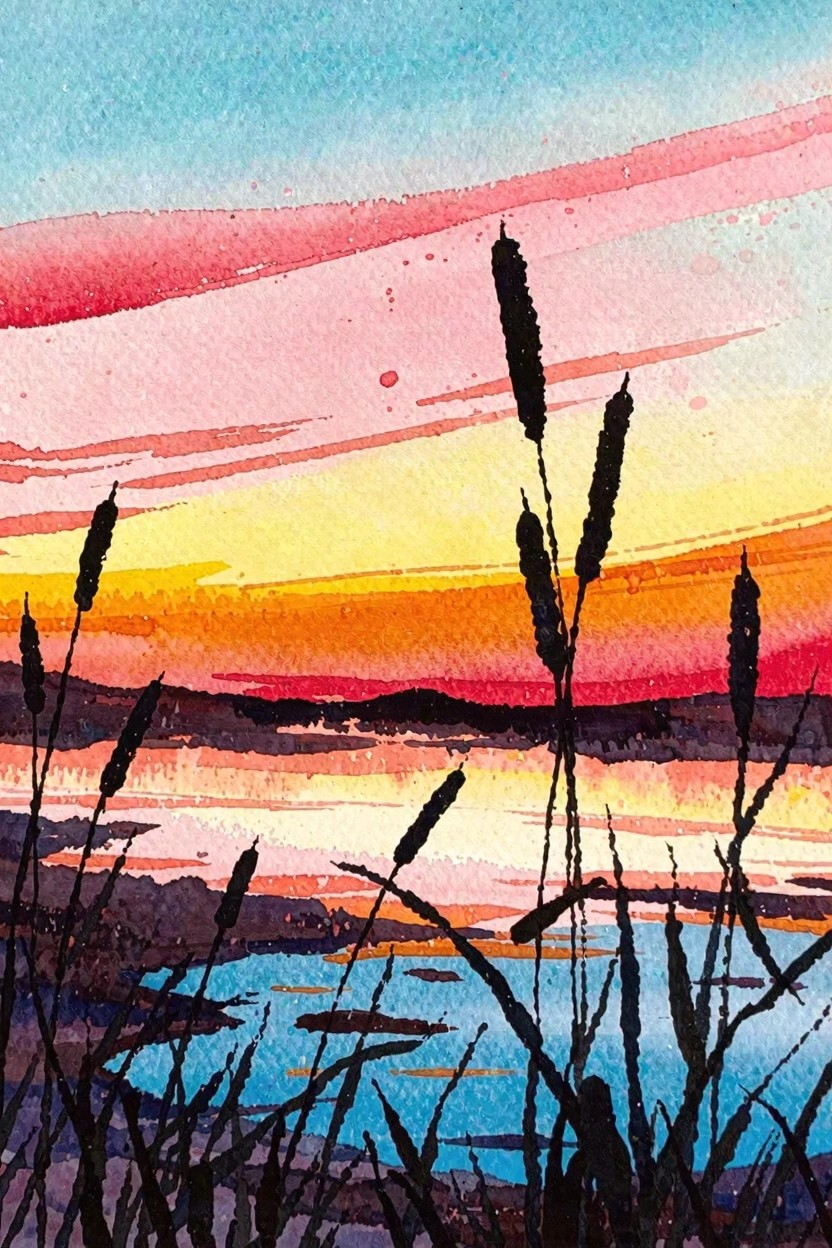 Vibrant watercolor sunset over water with silhouetted cattails in foreground