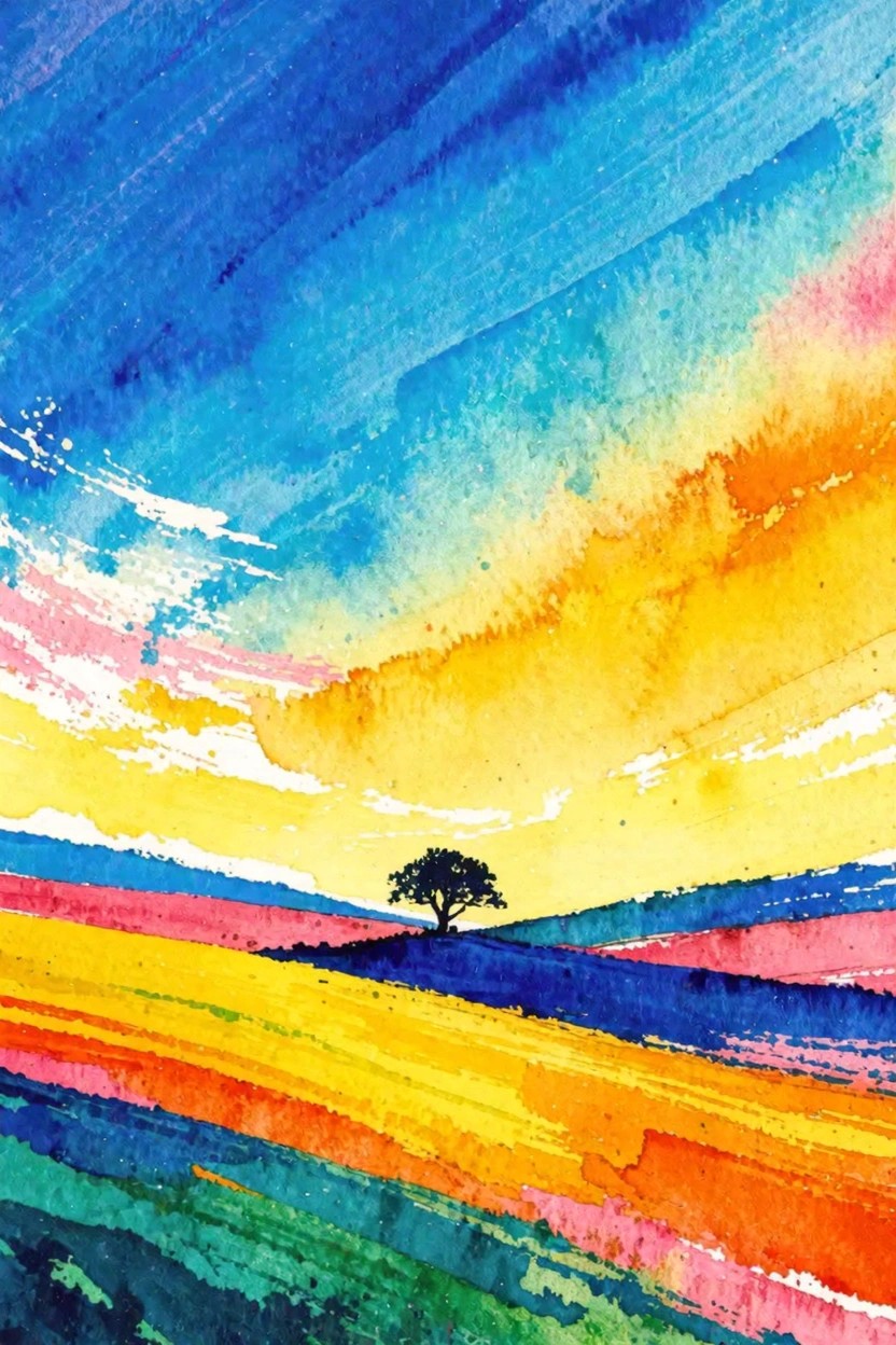 Vibrant watercolor landscape with lone tree on rainbow-striped hills at sunset.