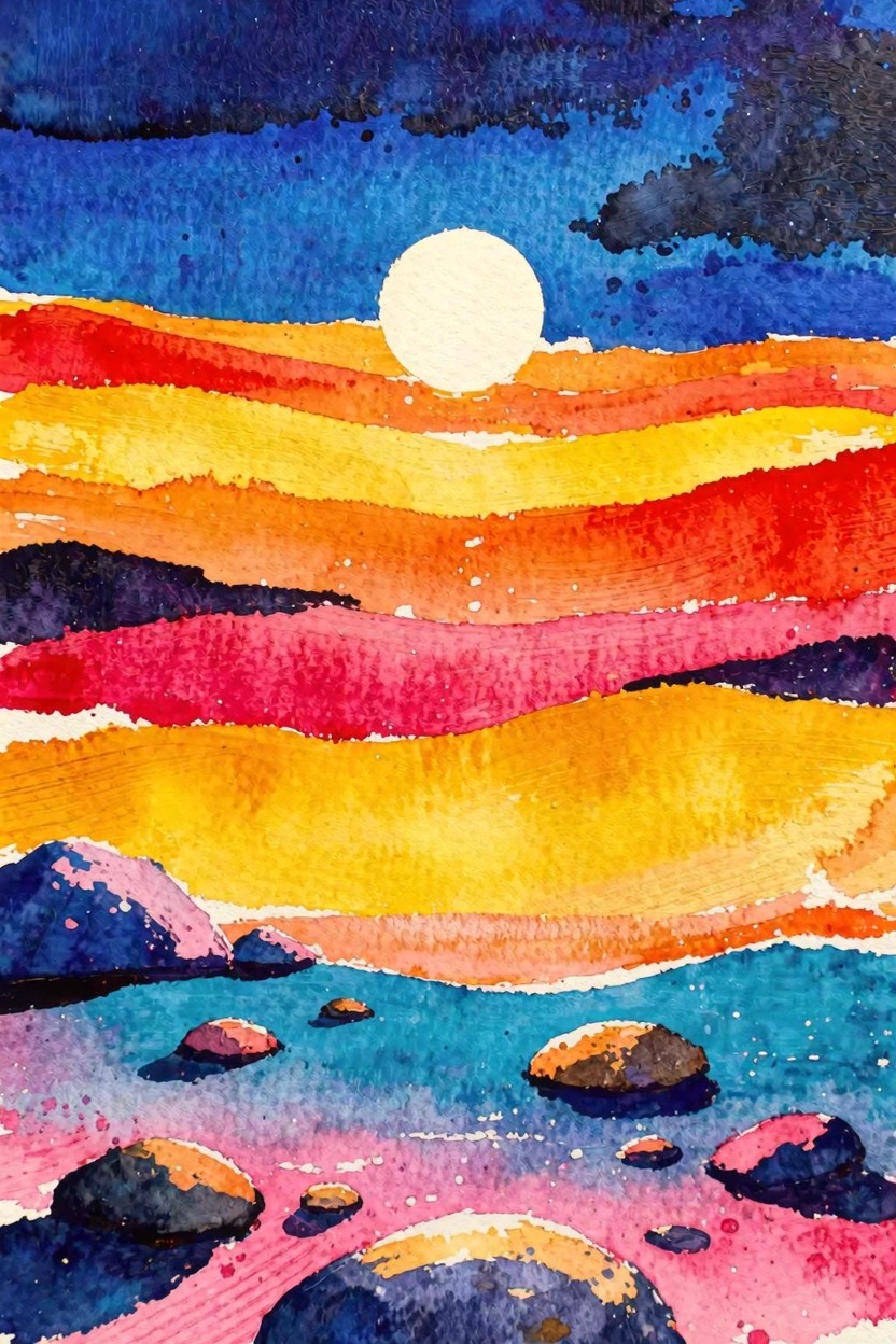 Vibrant watercolor sunset with red-orange stripes over blue waters and rocks
