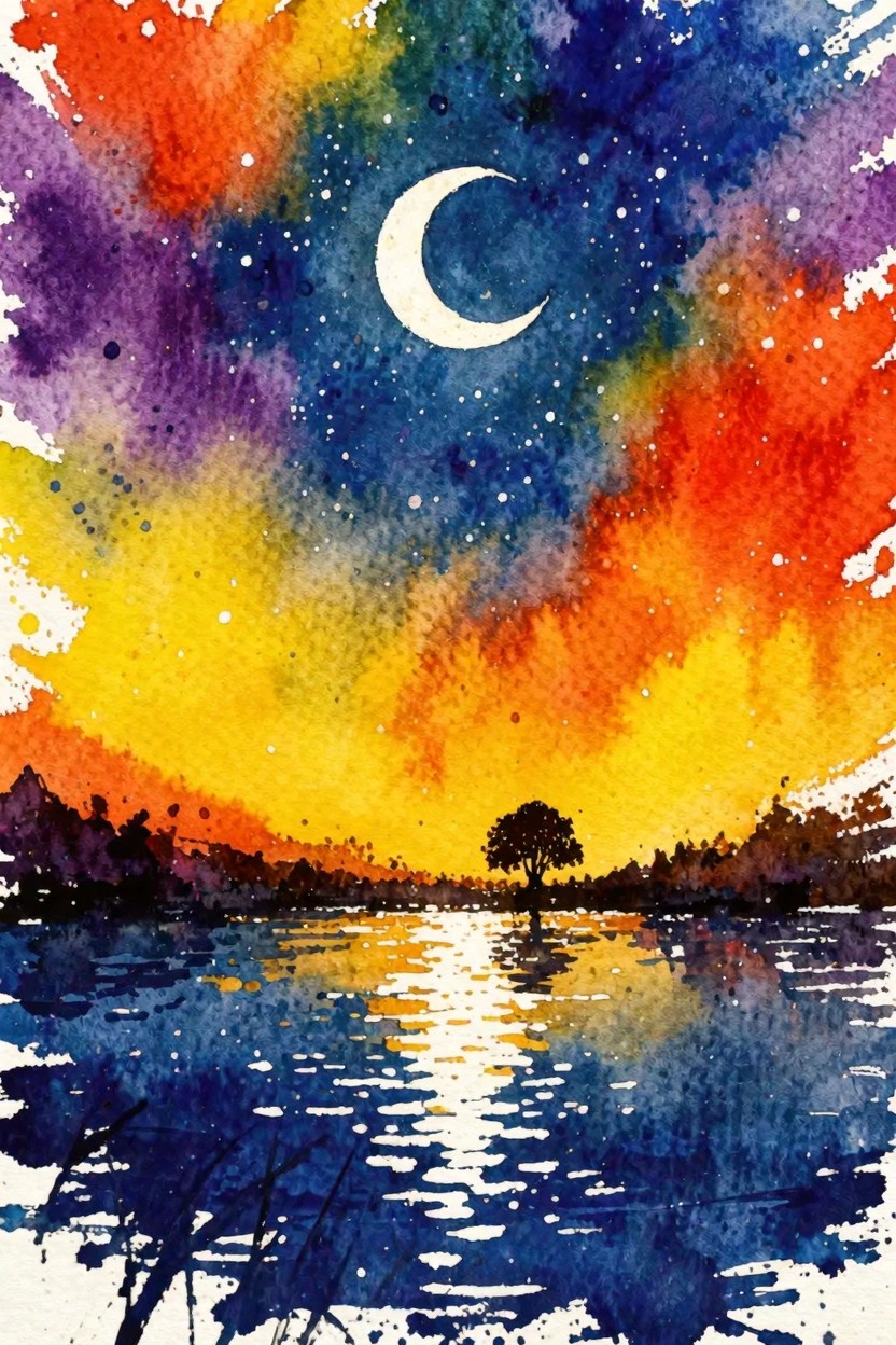 Vibrant watercolor night sky with crescent moon, colorful clouds, and tree reflection in water