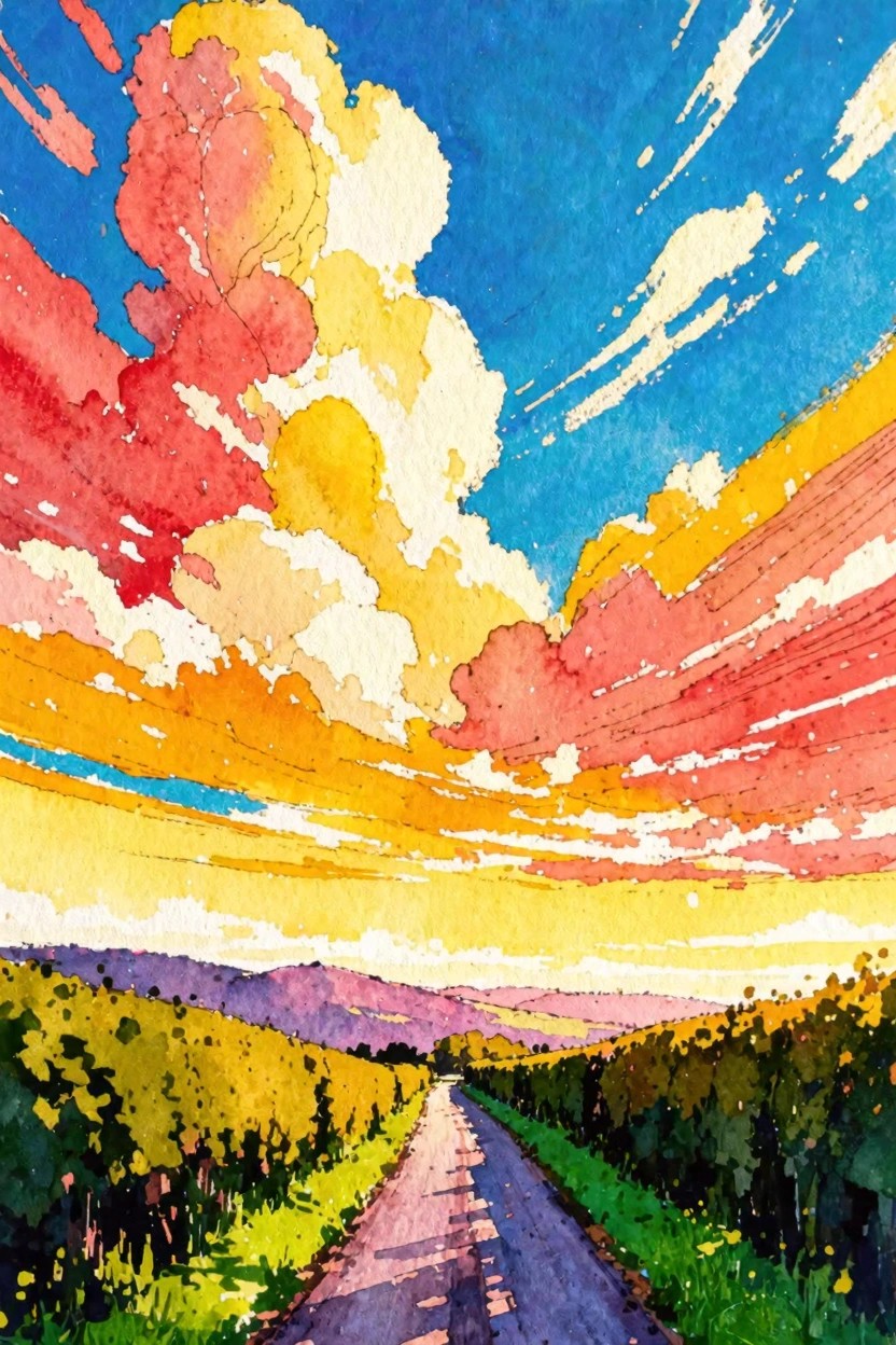 Vibrant watercolor of winding road through colorful fields under dramatic skies.
