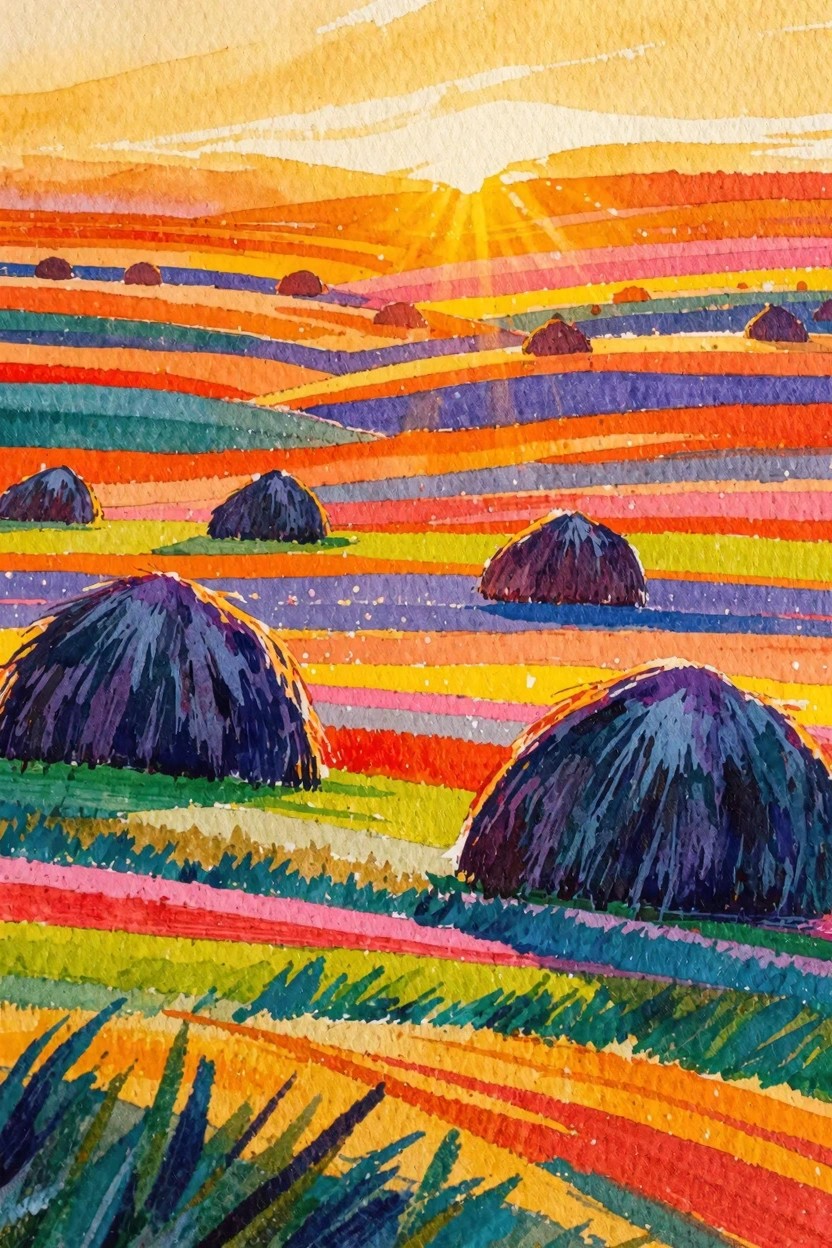 Vibrant watercolor landscape of rainbow-striped fields with hay bales at sunset