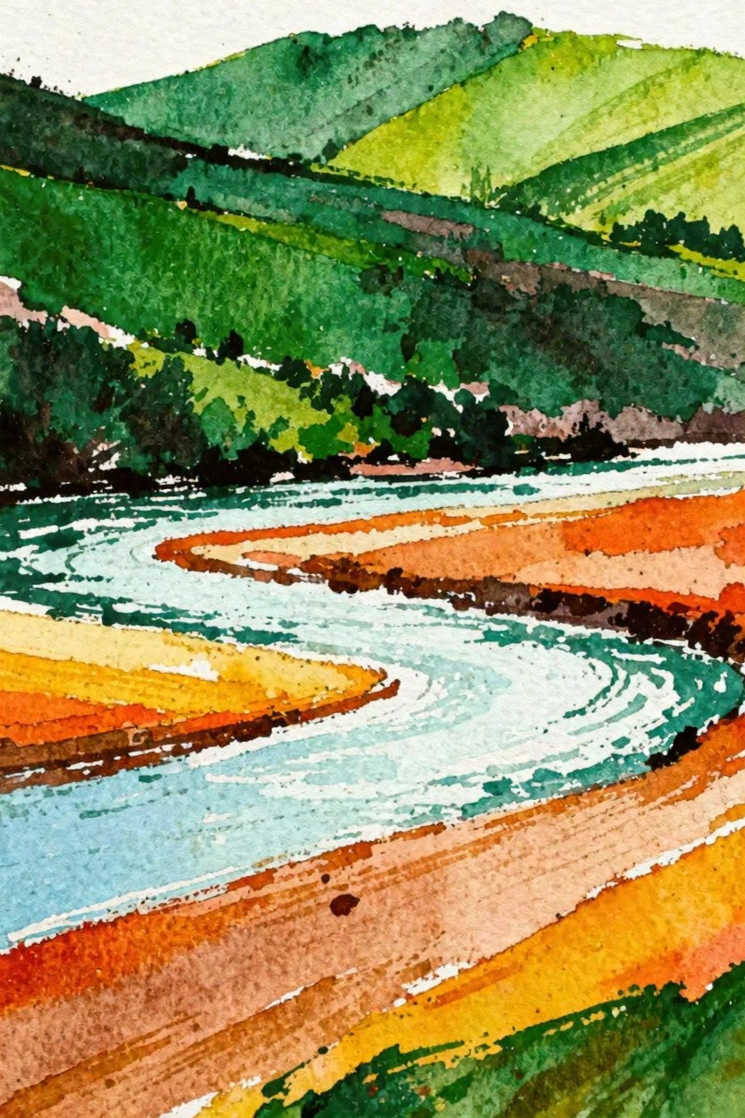 A watercolor painting of a winding river with orange and yellow banks flowing through green hills.