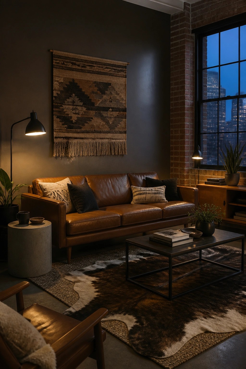 A living room with deep greige walls next to exposed brick.