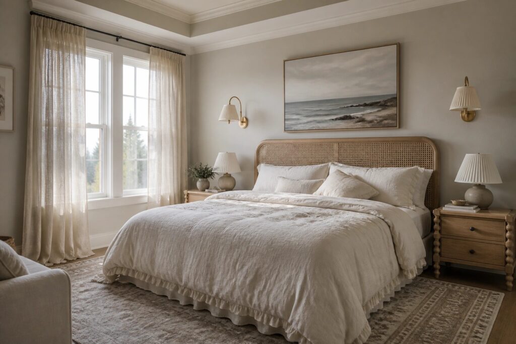 A bedroom with warm greige walls and a bed with white bedding.