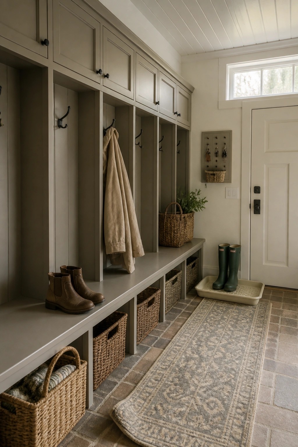 Built-in storage painted in a soft greige color in a mudroom setting.