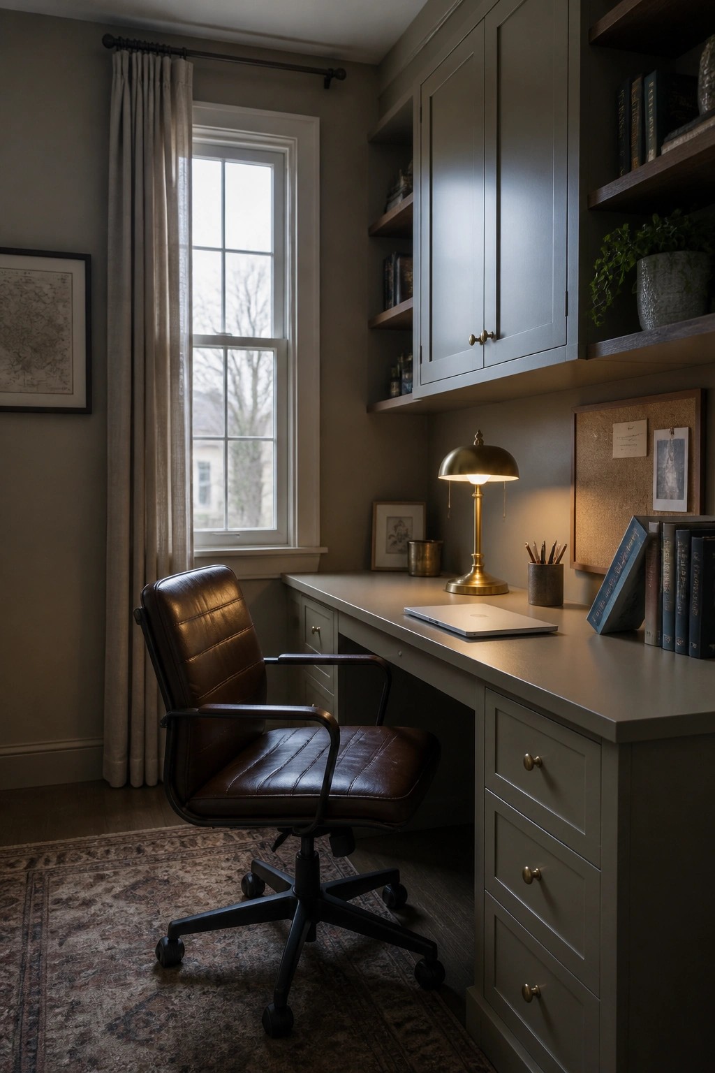 A home office with greige painted walls and built-in cabinetry around a desk.