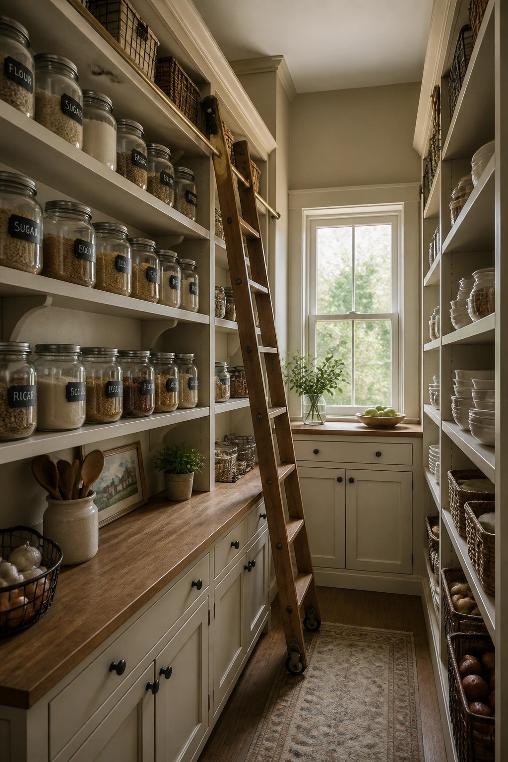 A narrow pantry lined with soft greige painted shelves and cabinetry.