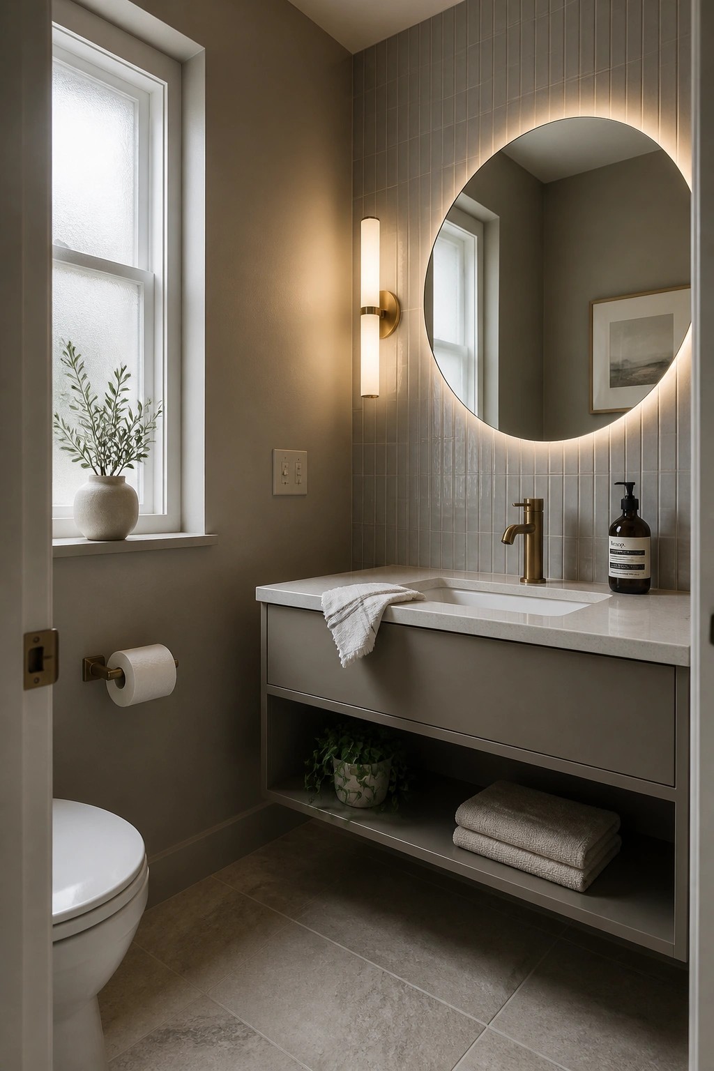 Bathroom walls painted in a soft greige with a floating vanity and round backlit mirror.