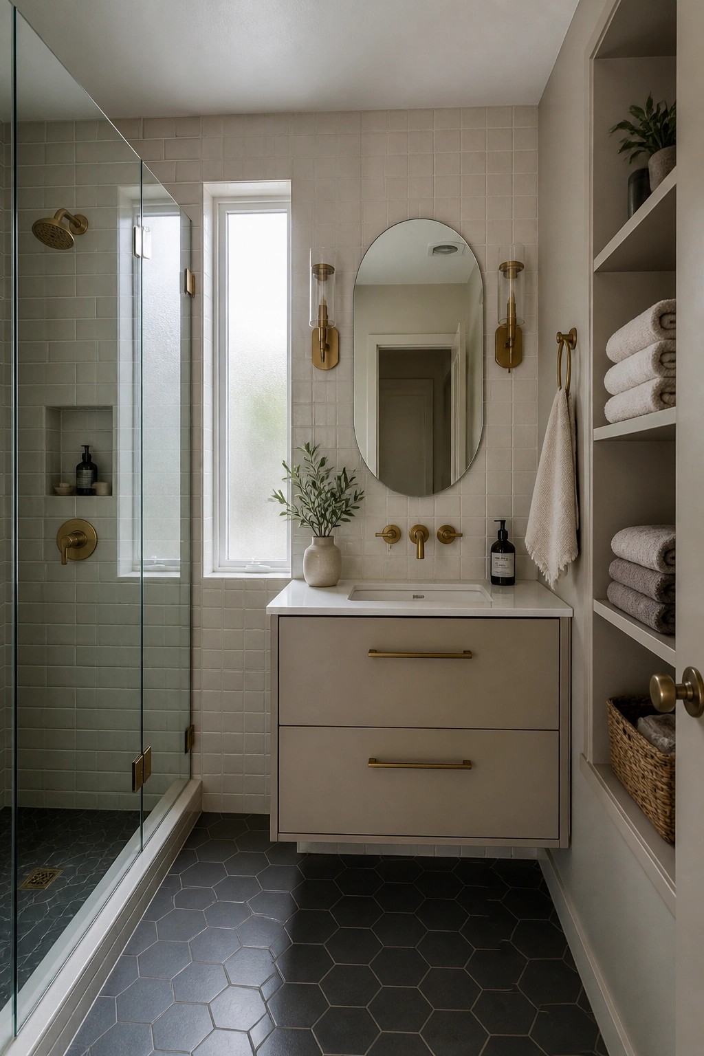 A bathroom vanity painted in soft greige with brass hardware and light tile walls.