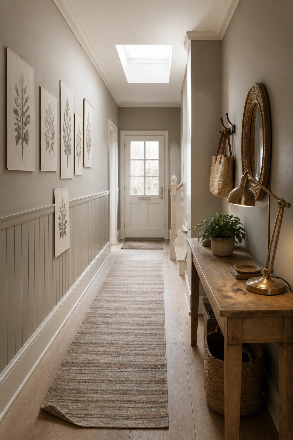 A narrow hallway painted in soft greige with white wainscoting and a long runner.