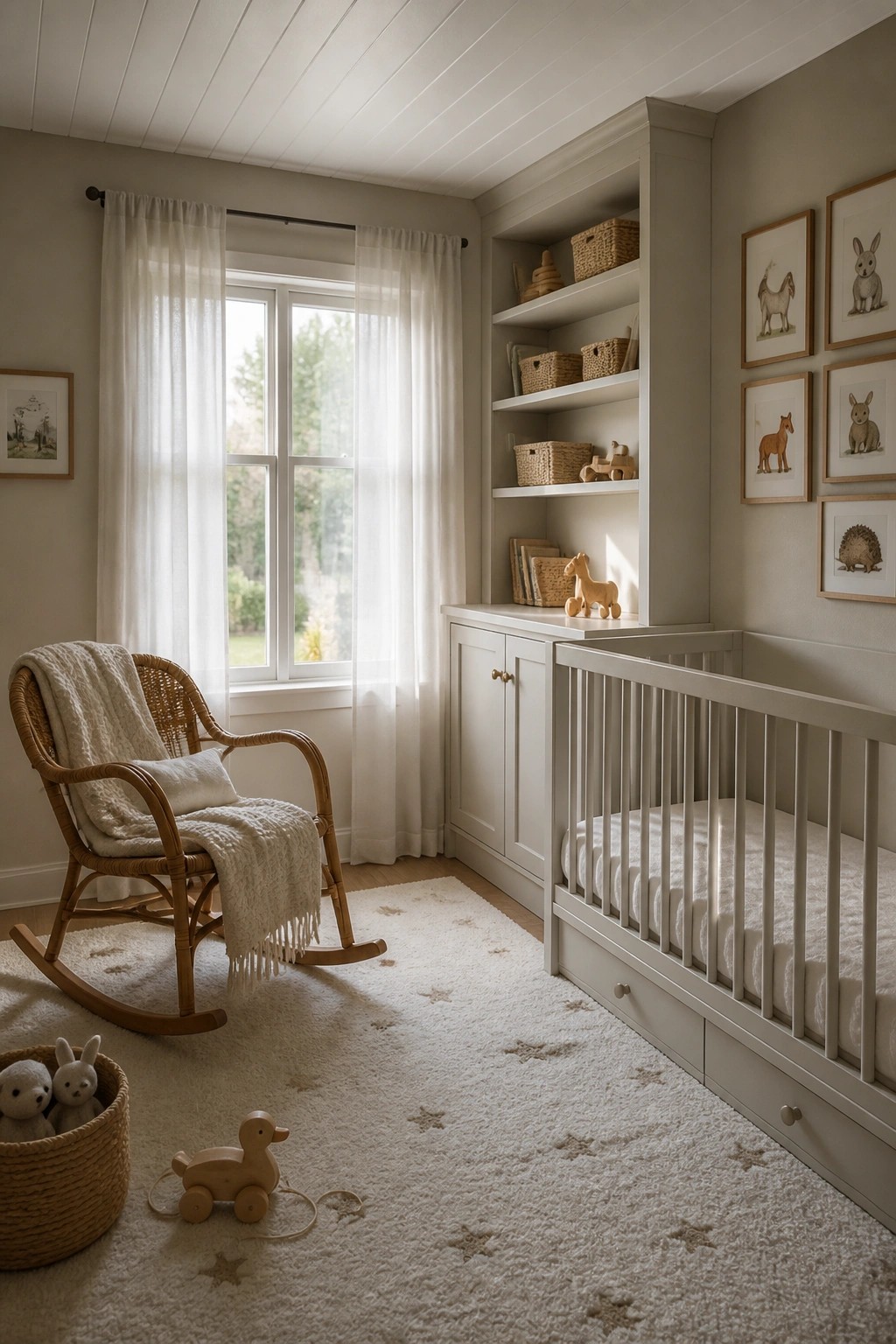 Light greige walls in a nursery with built-in cabinetry and a crib.
