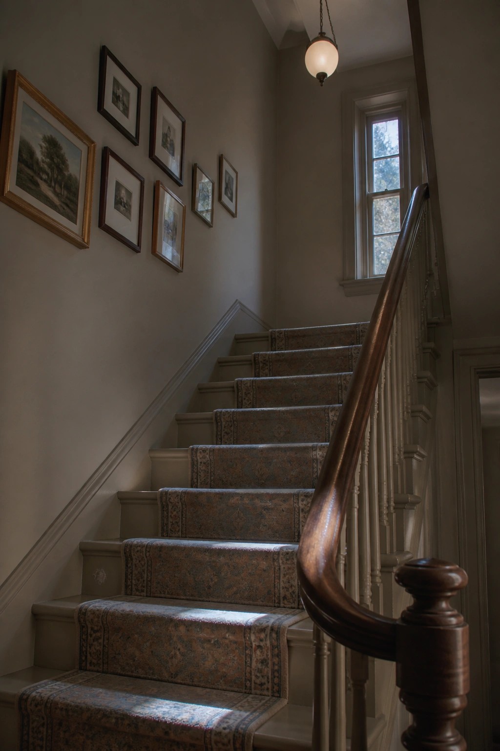 A staircase with soft greige walls and a dark wood handrail.