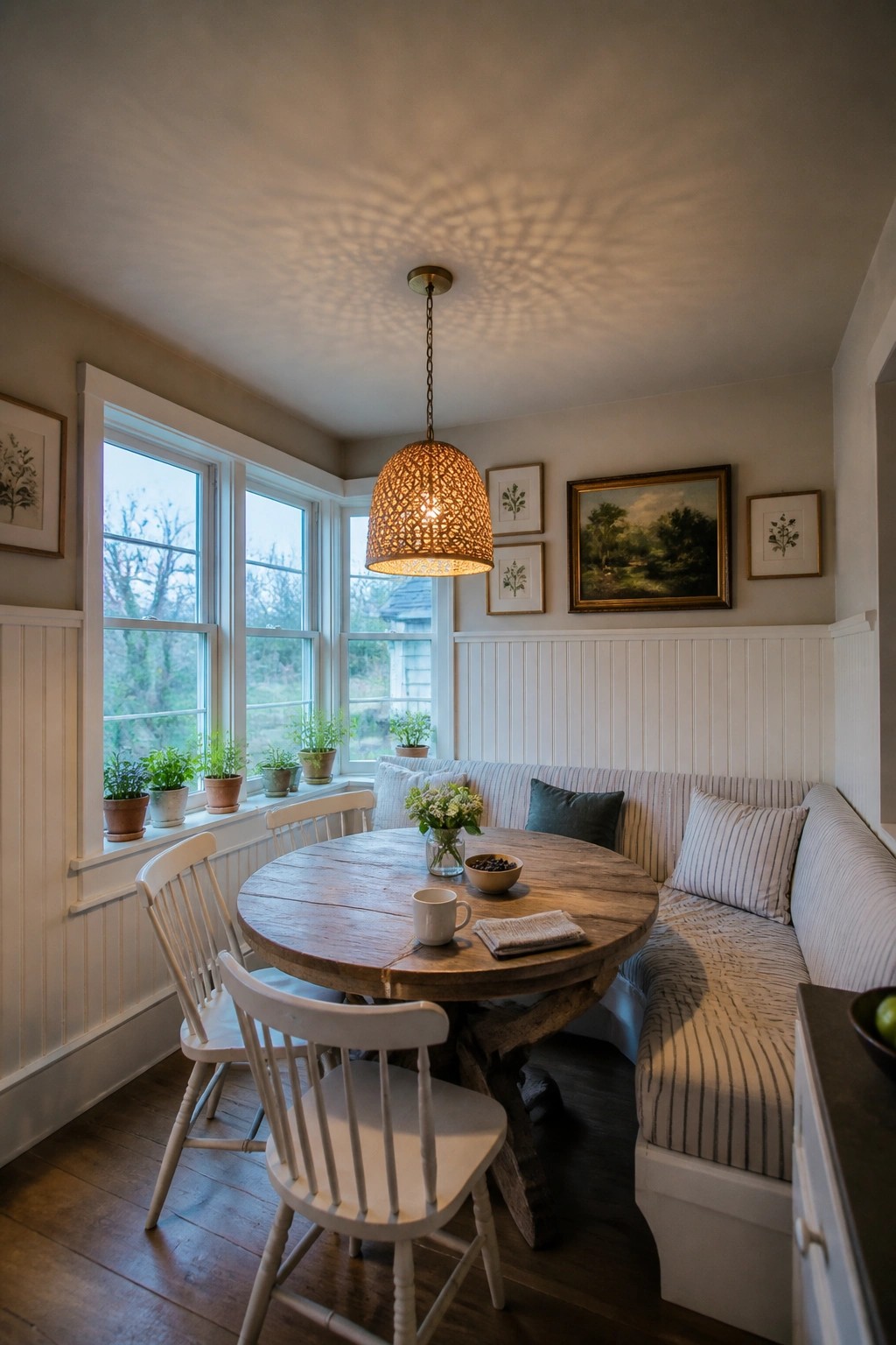 Light greige walls in a dining area with white wainscoting and a round wood table.