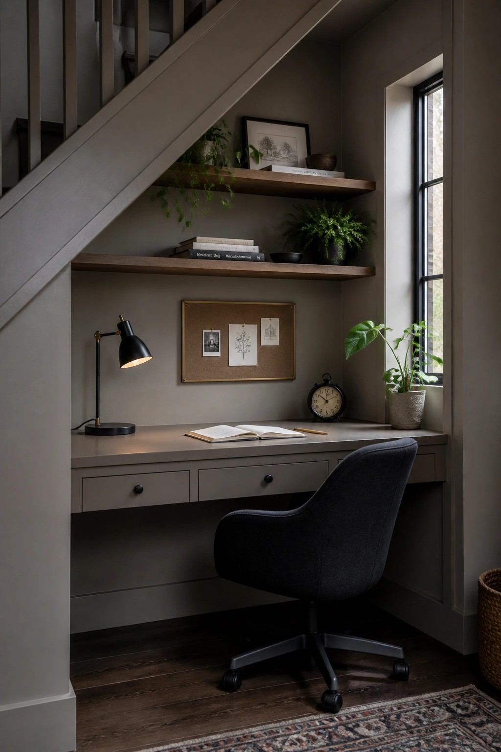 Desk nook with walls and desk painted in a soft greige.