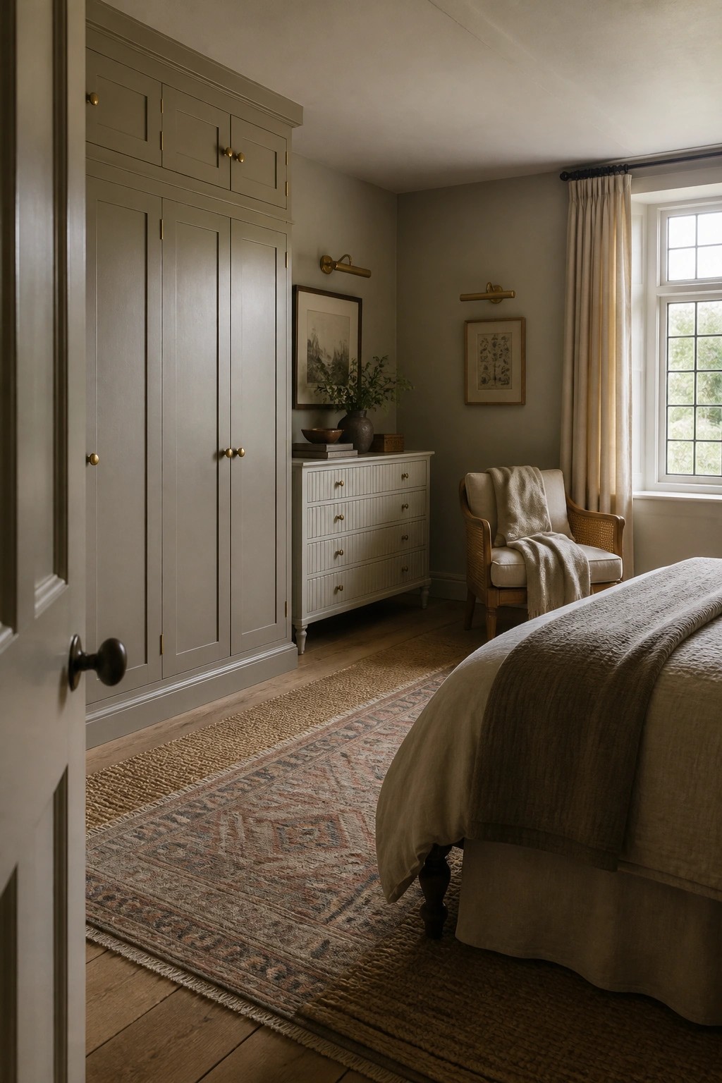 Bedroom walls and built-in cabinetry painted in a soft greige.