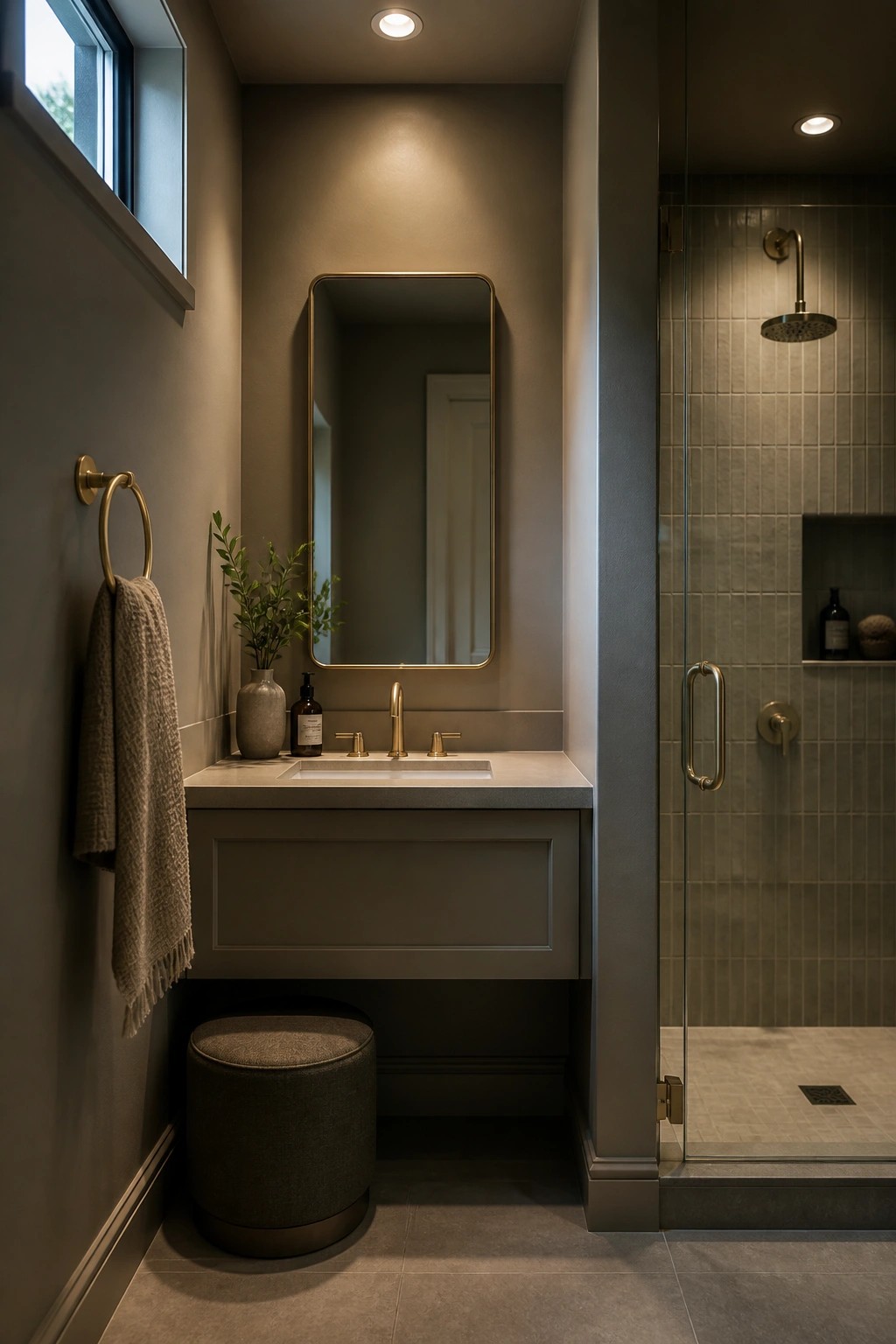 Modern bathroom with gray vanity, gold fixtures, mirror, round stool, and tiled shower.