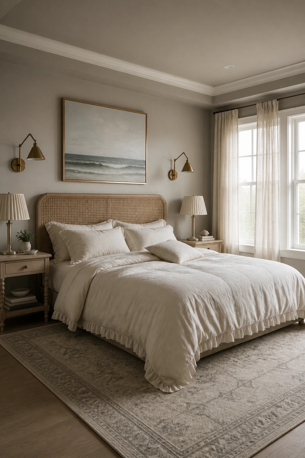 A bedroom with warm greige walls and a bed with white bedding.
