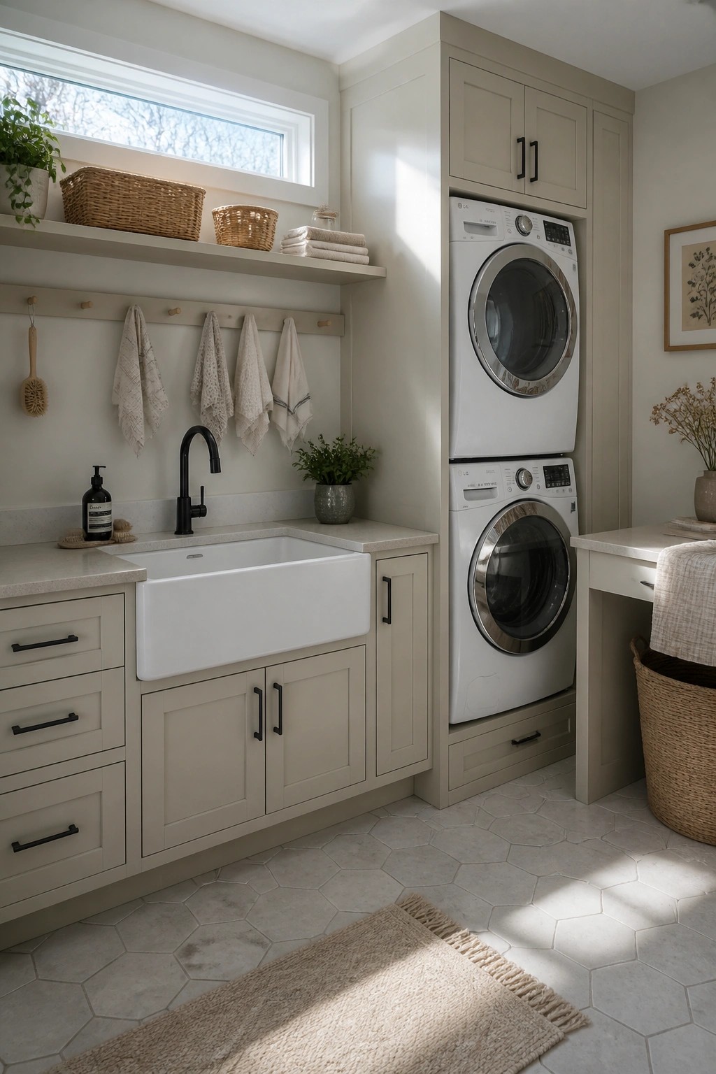 Light greige cabinets in a laundry room with a farmhouse sink and stacked washer dryer.