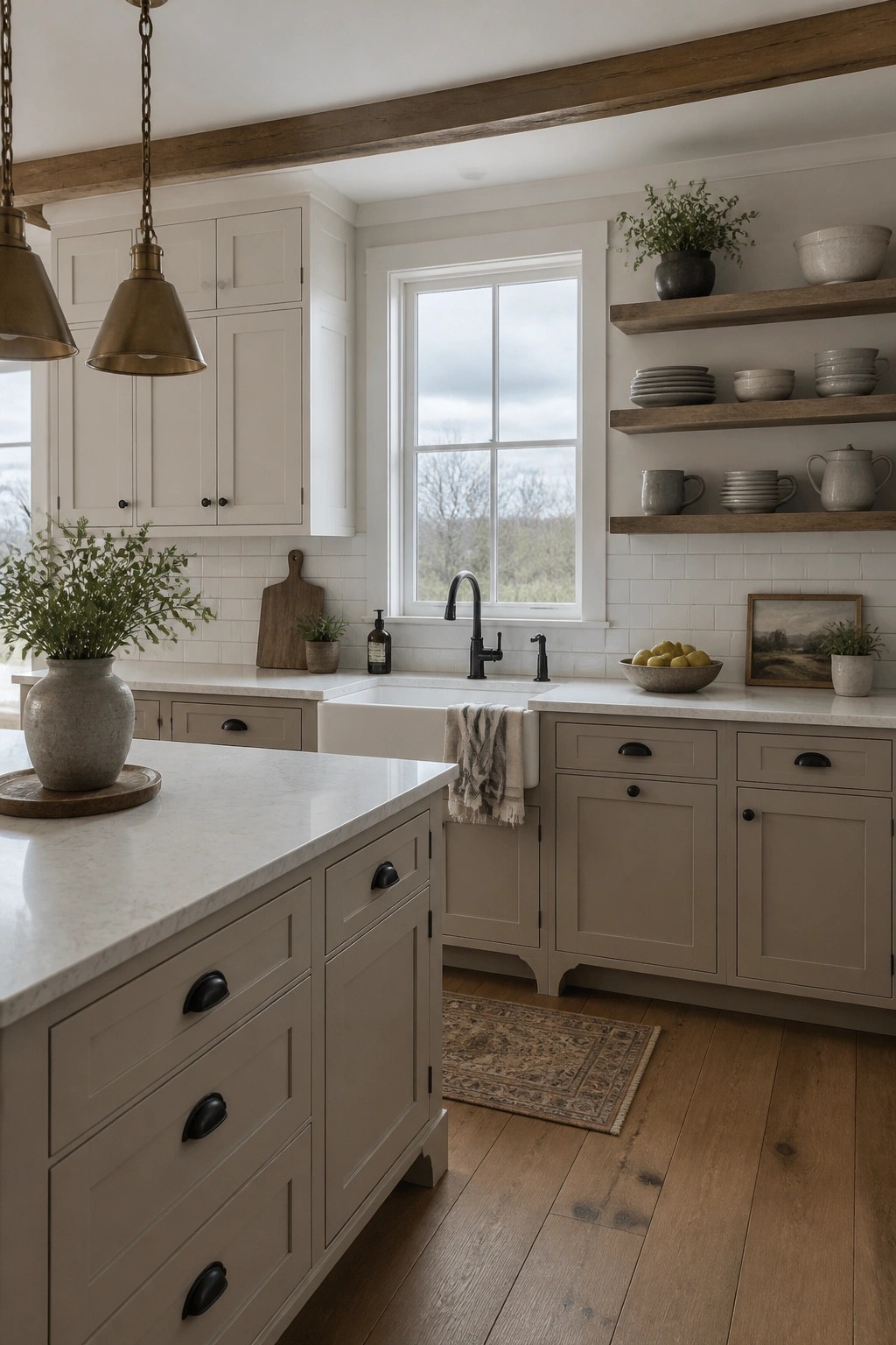Greige kitchen cabinets with white countertops and wood flooring.