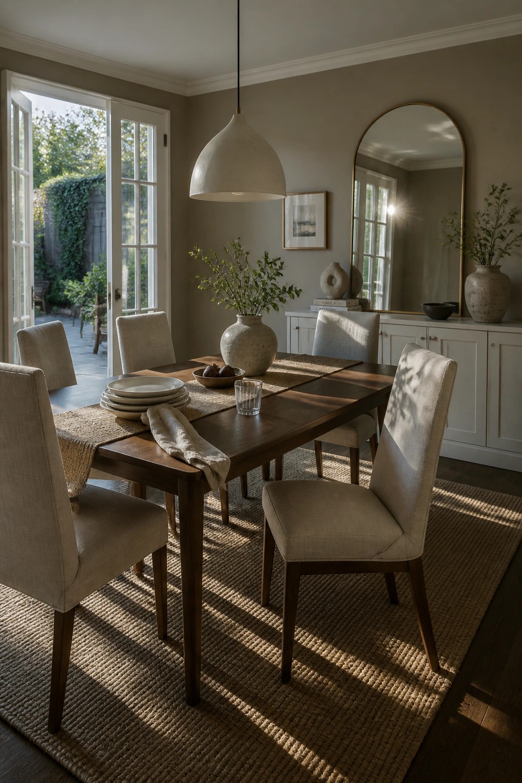 Neutral dining room with wooden table, beige chairs, pendant light, and arched mirror.