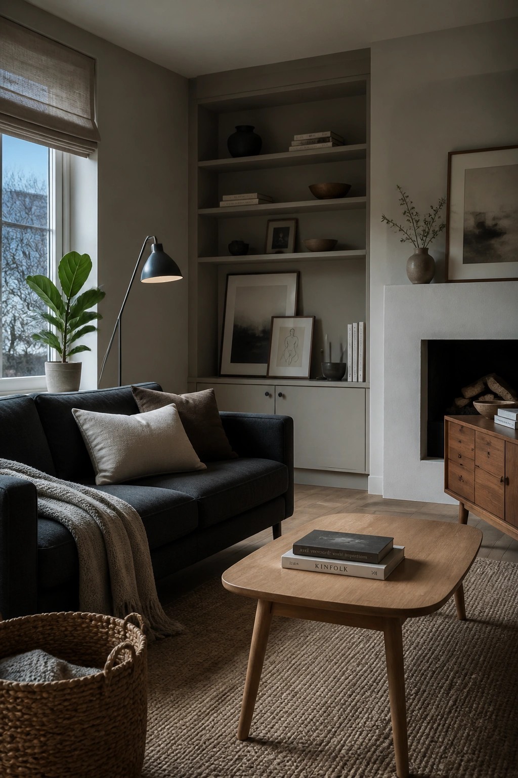 Greige walls and built-in shelving in a living room with wood furniture.