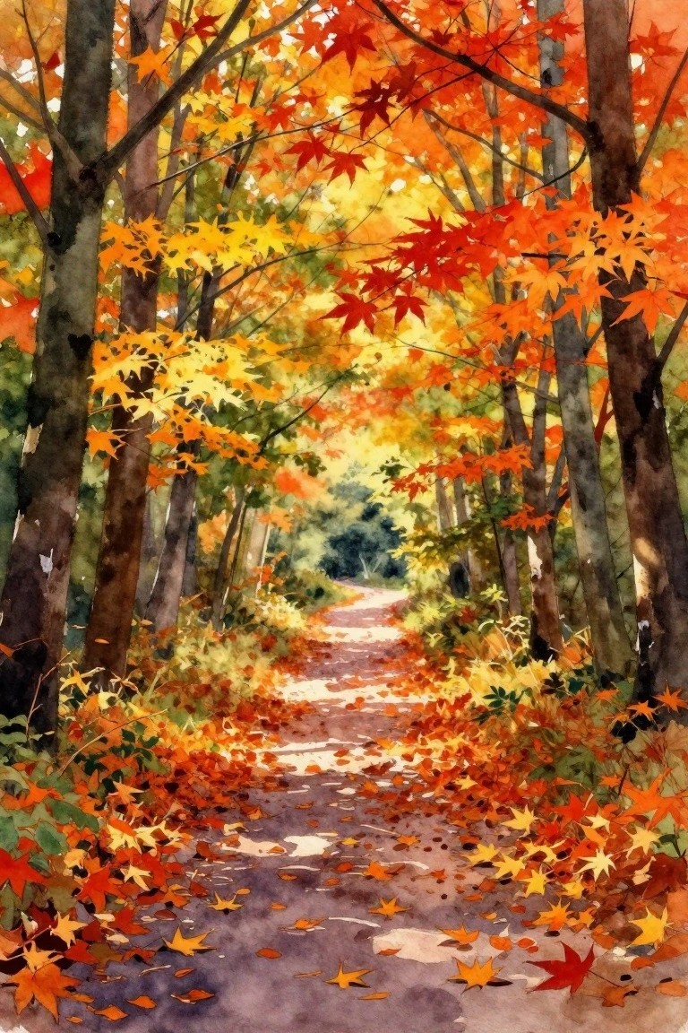 Winding dirt path through autumn trees with vibrant red and yellow leaves in watercolor.