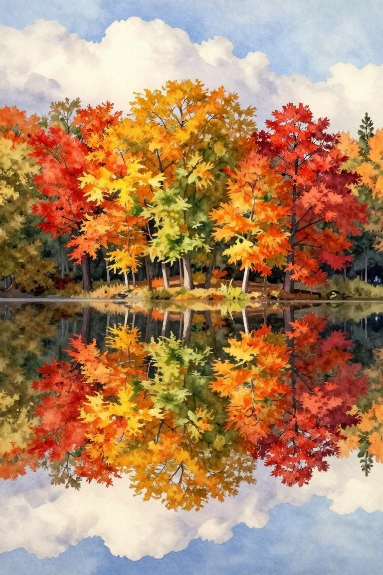 Watercolor of vibrant red, orange, and yellow autumn trees reflected in a lake