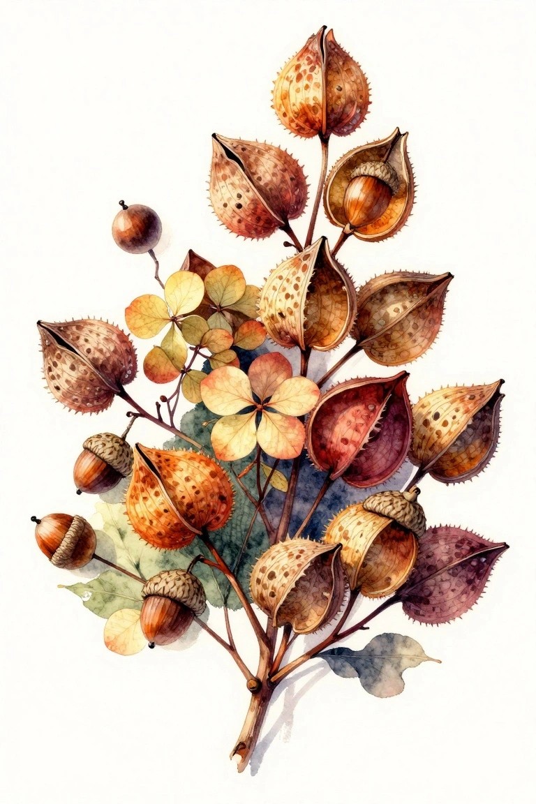 A watercolor-style painting of acorns, spiky seed pods, and autumn leaves arranged on branches.