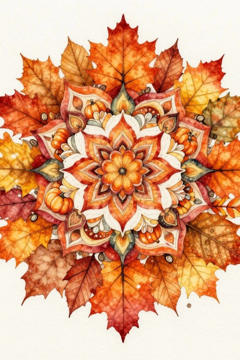 Vibrant autumn mandala with maple leaves, pumpkins, and floral patterns in watercolor.