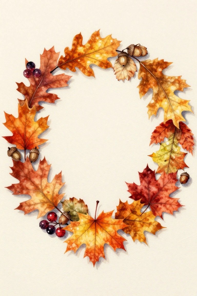 Watercolor autumn wreath of colorful oak leaves, acorns, and berries on white.