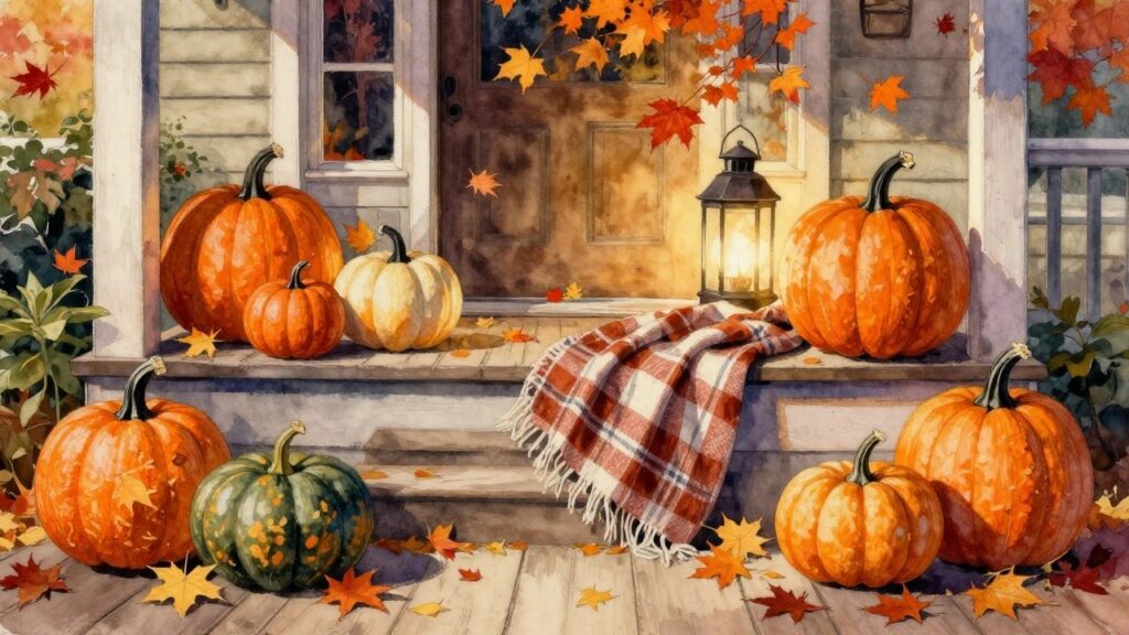 18 Warm Fall Canvas Painting Ideas for Autumn Home Decor Watercolor autumn scene with pumpkins, glowing lantern on plaid blanket, and fall leaves