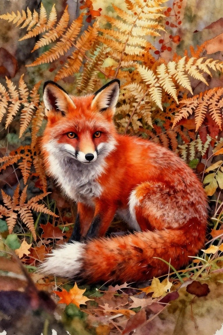 Red fox with white chest amid orange ferns and autumn leaves in watercolor style