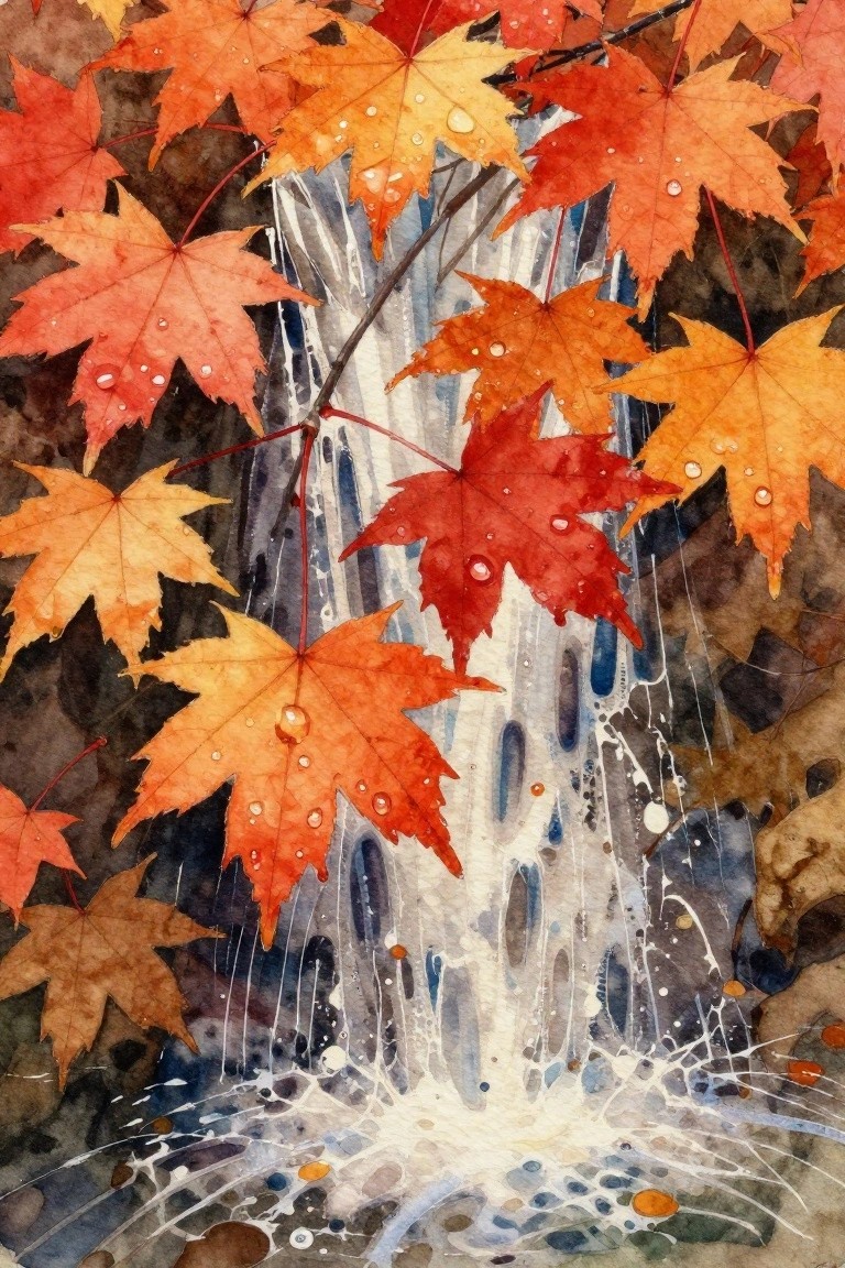 Vibrant watercolor of red, orange, and yellow maple leaves with water droplets and splashes.