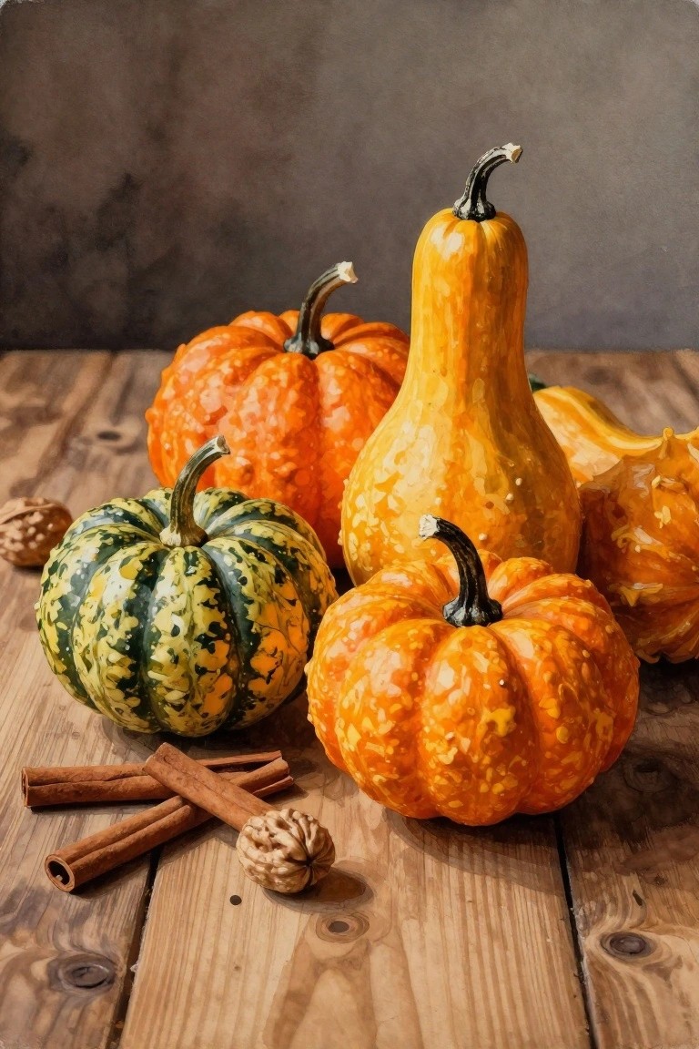 Autumn still life of speckled pumpkins, squash, cinnamon sticks, and walnuts on wood.