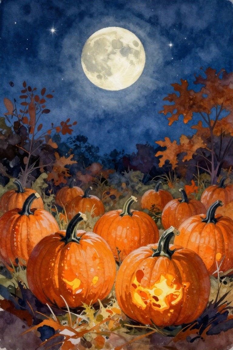 Watercolor of glowing jack-o'-lanterns in an autumn pumpkin patch under a full moon.