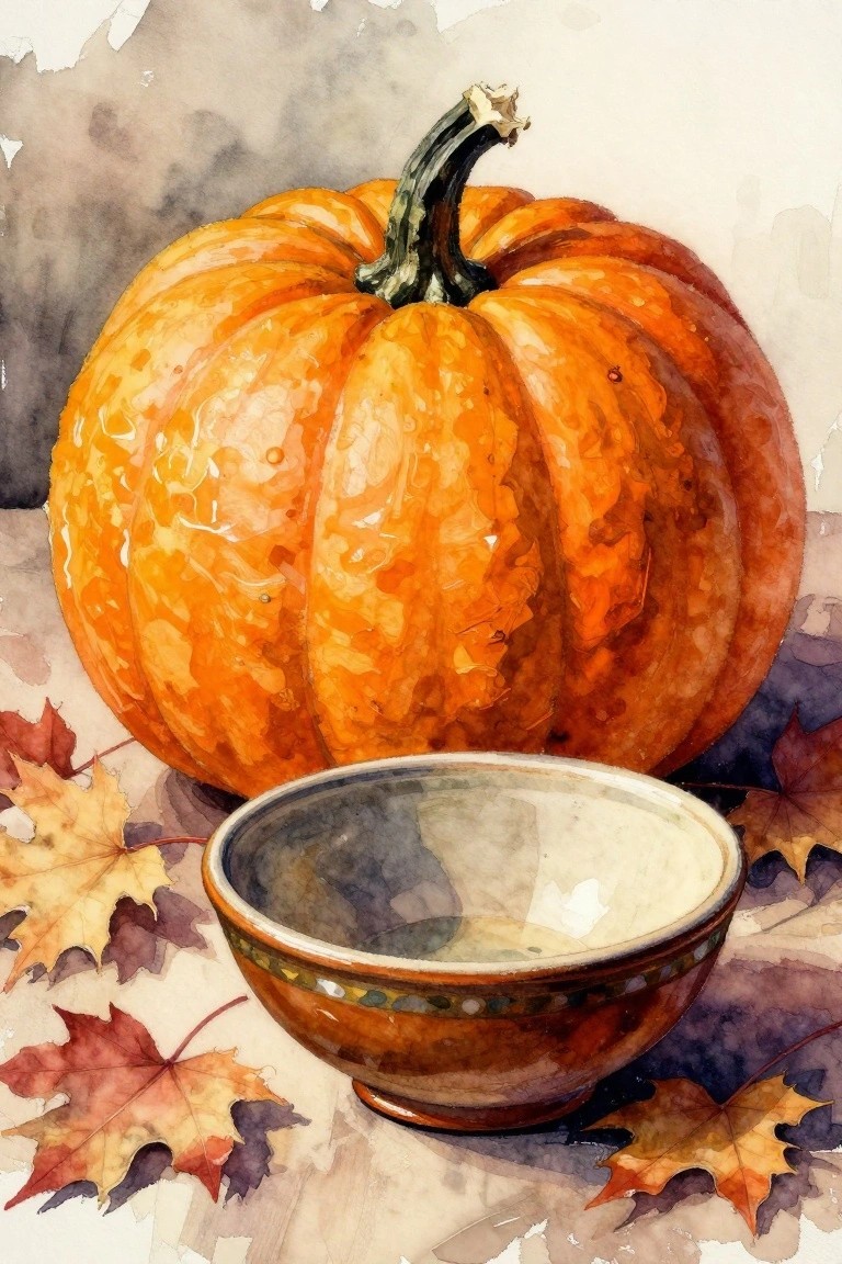 Watercolor painting of orange pumpkin beside brown bowl amid colorful autumn leaves.
