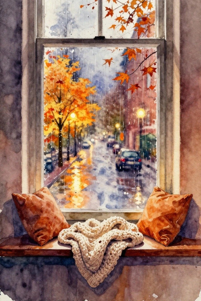 Watercolor of rainy autumn street from window with orange pillows and knitted blanket on sill