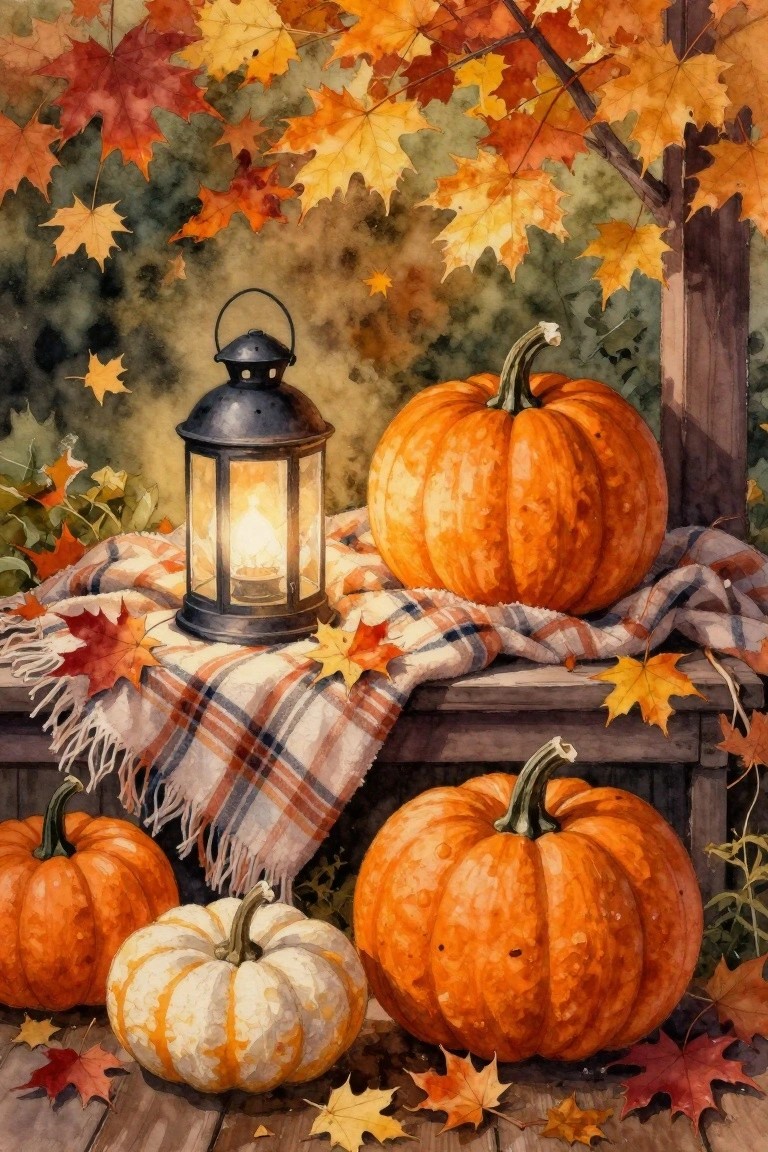 Watercolor autumn scene with pumpkins, glowing lantern on plaid blanket, and fall leaves