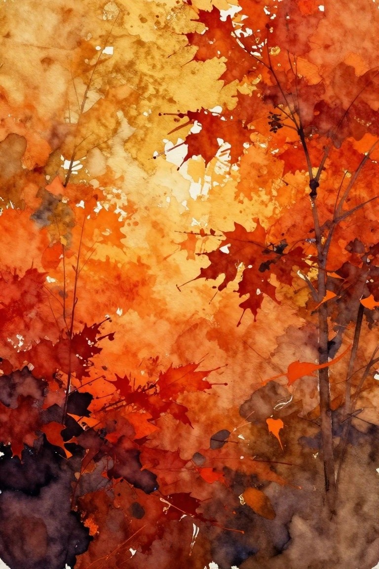 Vibrant watercolor autumn leaves in reds, oranges, and yellows with branches
